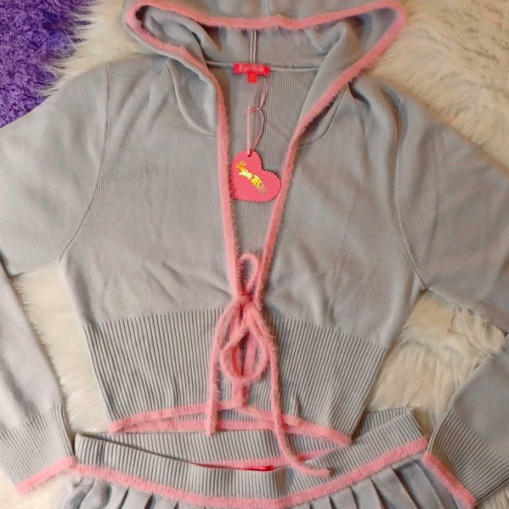 DOLLSKILL SUGAR THRILLZ 1X CRYSTAL QUIET SKIRT SET GRAY/PINK TRIM SOFT KNIT - Picture 3 of 17